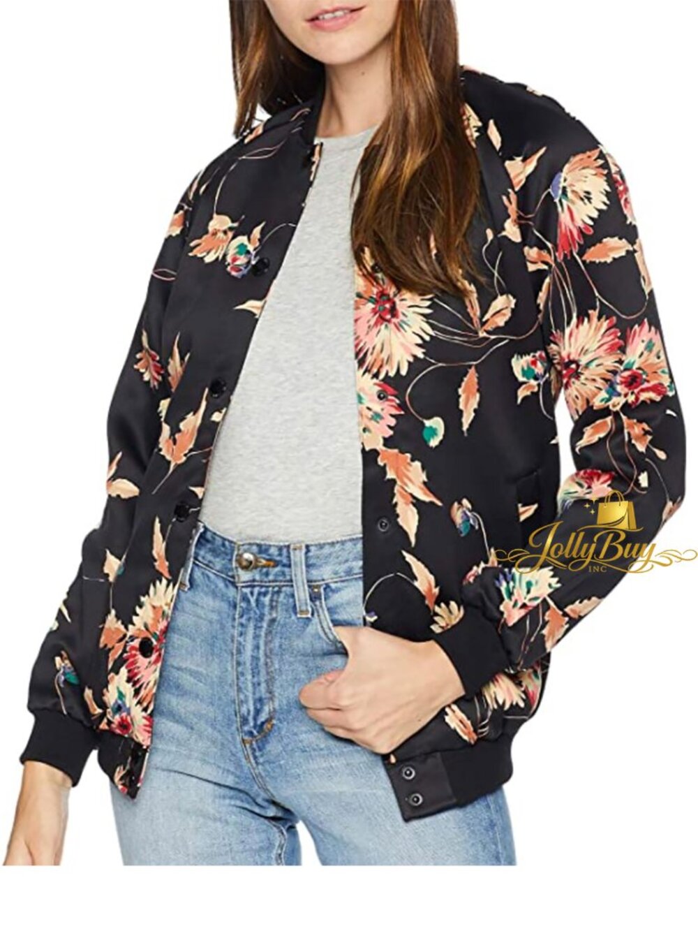 Chaps Women’s Jacket Silky Bomber Floral Print Indigo Sky Black Size L NEW